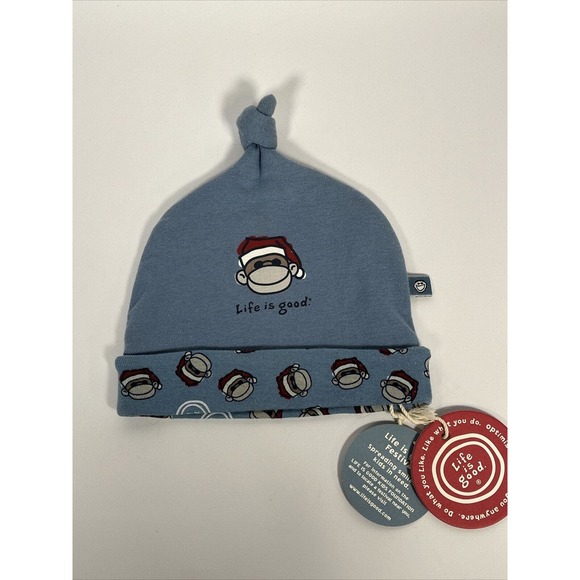 Life Is Good Baby Knit Hat Santa Monkey Cool Blue 6-12 Months New - Picture 1 of 8